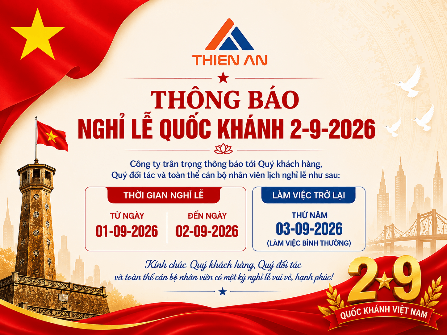 Thông báo lịch nghỉ lễ Quốc Khánh 2-9-2026