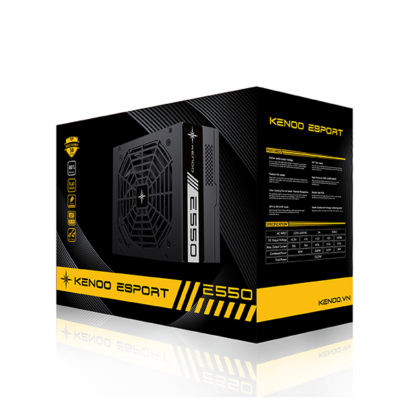 Nguồn máy tính KENOO ESPORT E550 (Fan12) - Mầu Đen  - Cáp dẹt - (Hộp box)