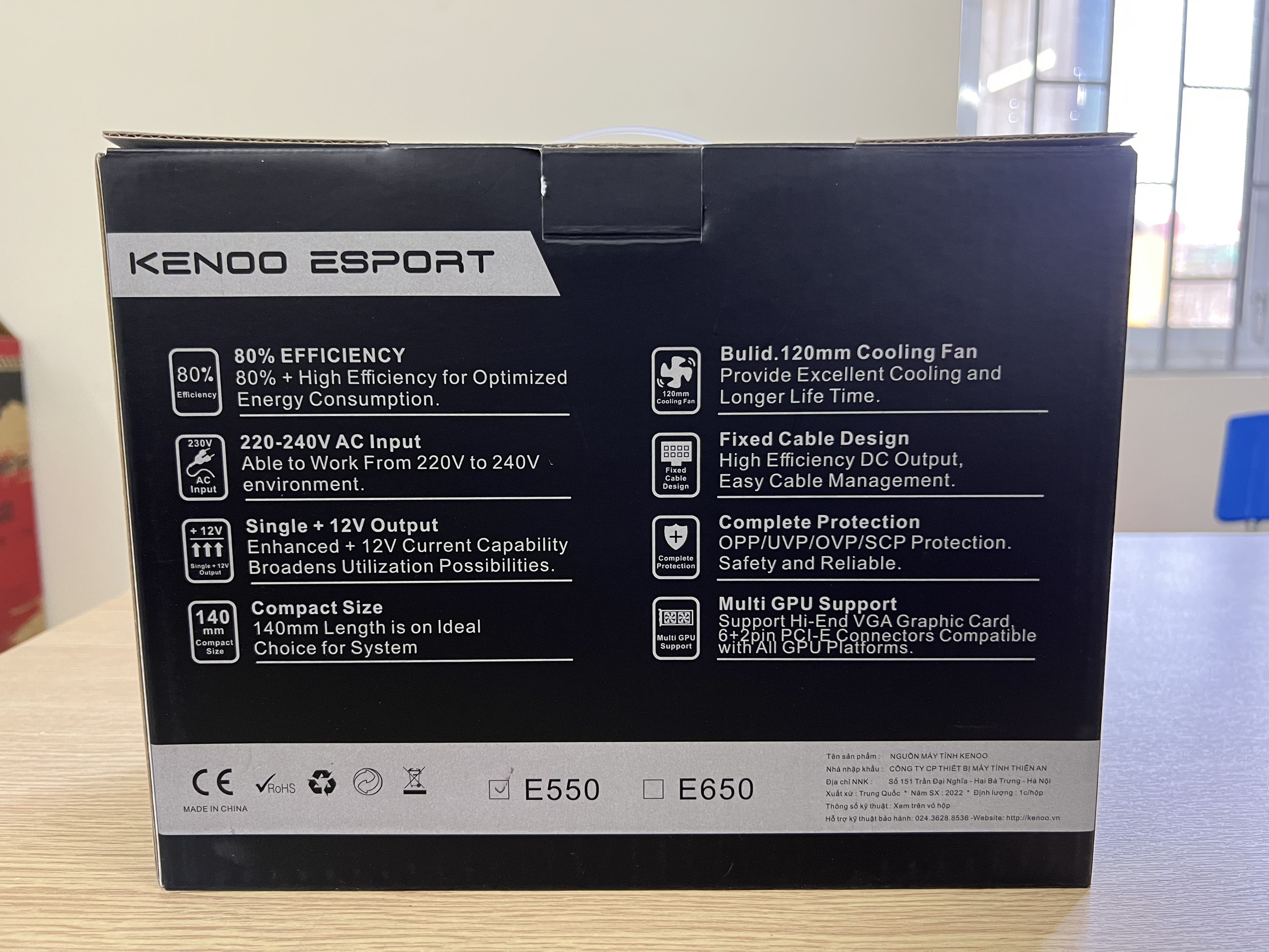Nguồn máy tính KENOO ESPORT E550 (Fan12) - Mầu Đen  - Cáp dẹt - ( Hộp box )