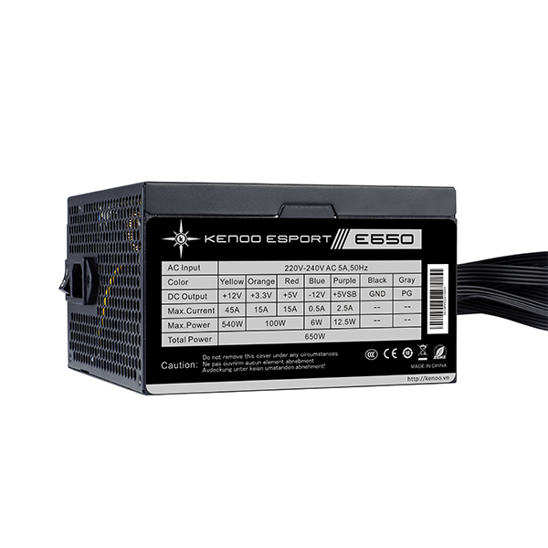 Nguồn máy tính KENOO ESPORT E650 (Fan12) - Mầu Đen  - Cáp dẹt  (Hộp box)
