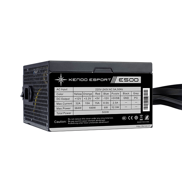 Nguồn máy tính KENOO ESPORT E500 (Fan12) - Mầu Đen  - Cáp dẹt
